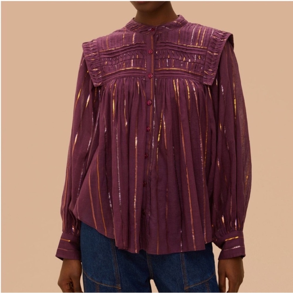 Farm Rio | Burgundy Pleated‎ Yoke Long Sleeve Blouse | Women’s Size XS | NWT